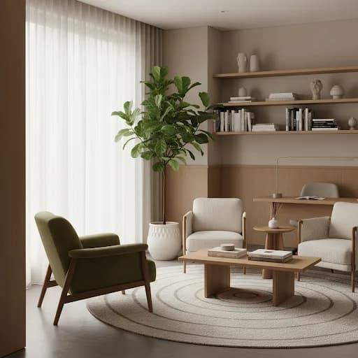 Consultorio psicológico sereno con sillón de diseño y planta grande